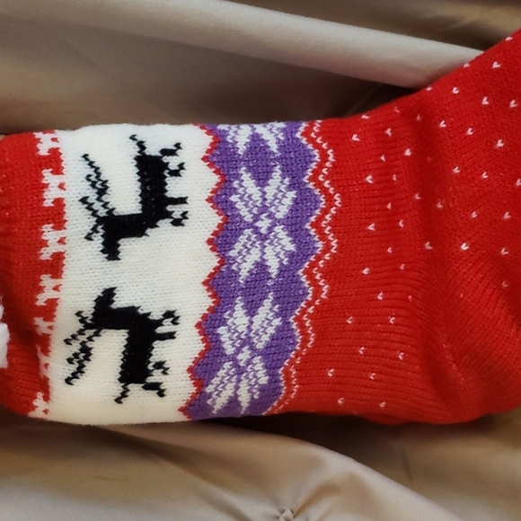Red Faux Sherpa Knit Slipper Socks with Fairisle Deer Pattern and Traction Dots - Picture 2 of 5